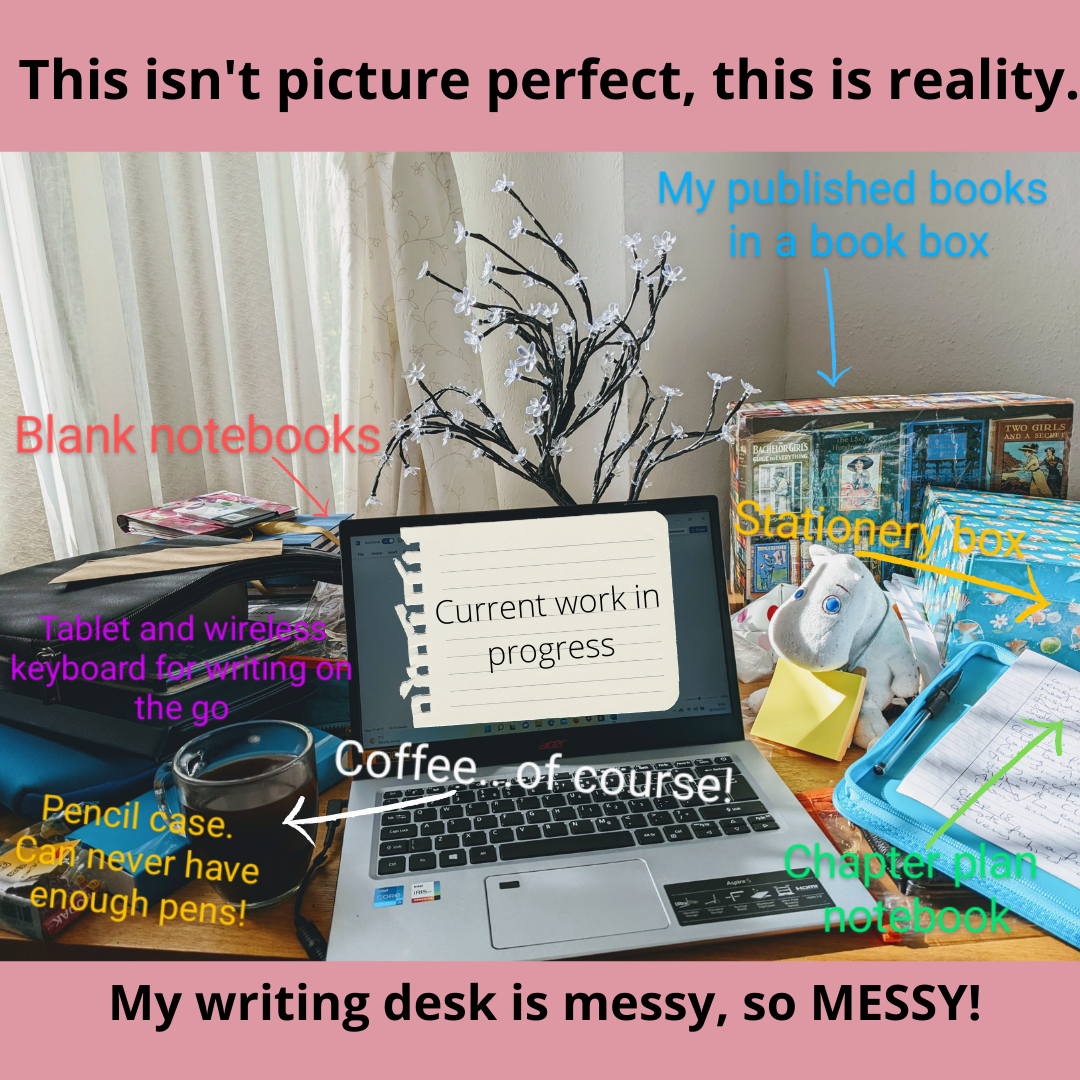 A still life of my messy writing desk | Leilanie Stewart